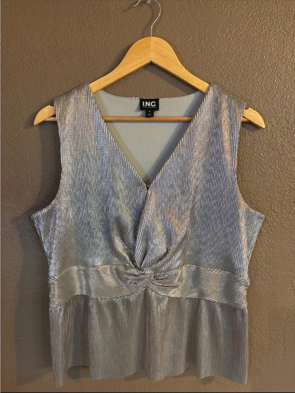 INC Metallic International Concepts Silver Metallic Twist-Front Top
